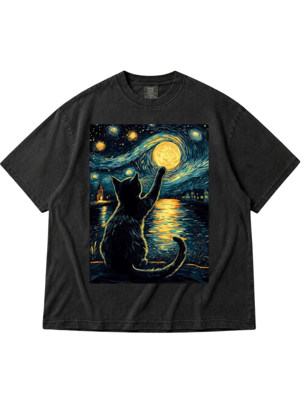 Comfort Colors Black Tee with Yellow & Blue Starry Cat Graphic